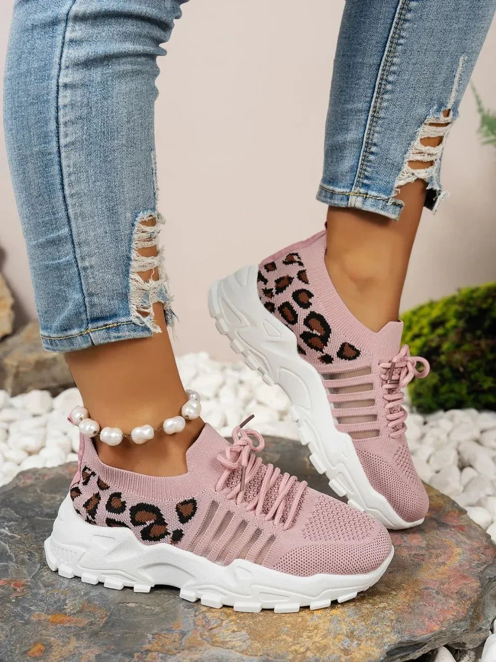 Cutout Leopard Lace Up Mesh Athletic - VILLA FASHION